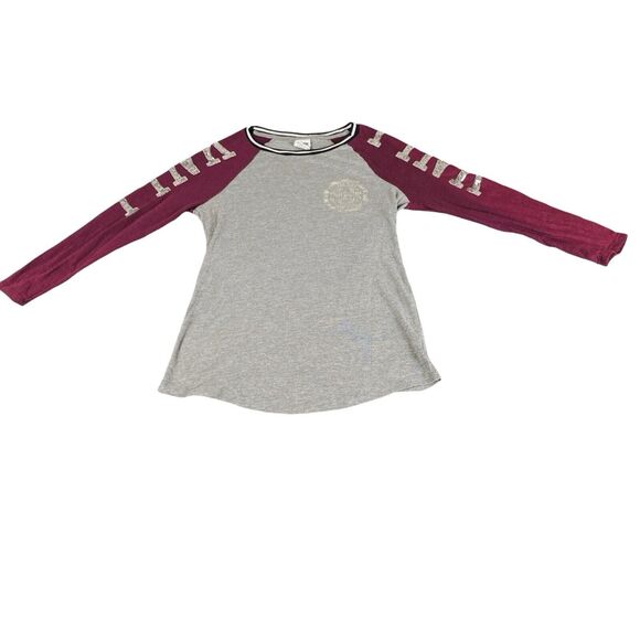 Pink Victoria's Secret Raglan T-shirt Women's Sz XS Color Maroon Silver Sequin - Picture 4 of 11